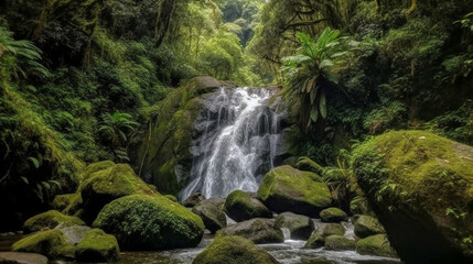 Fototapeta premium High mountains covered with moss surround a beautiful waterfall in an area full of lush greenery. The water in the waterfall is crystal clear, allowing one to admire the stunning s Generative AI
