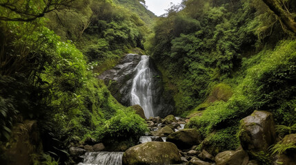 High mountains covered with moss surround a beautiful waterfall in an area full of lush greenery. The water in the waterfall is crystal clear, allowing one to admire the stunning s Generative AI
