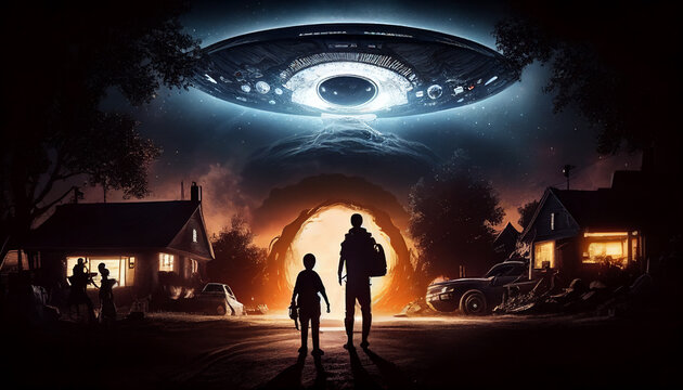 Close encounter of the third kind with a UFO flying saucer spaceship from outer space creating an alien abduction sighting phenomenon of human beings, computer Generative AI stock illustration