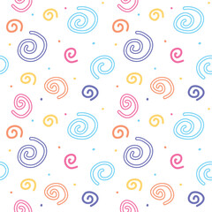 Hand drawn swirl and dots vector seamless pattern in various colors perfect for wrapping paper, fashion and cloth texture, present background.