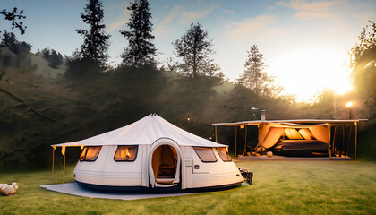 glamping. luxury glamorous camping. glamping in the beautiful countryside, camping in the morning