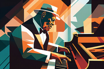Afro-American male jazz musician pianist playing a piano in an abstract cubist style painting for a poster or flyer, computer Generative AI stock illustration image - obrazy, fototapety, plakaty
