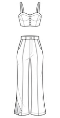 Bra Top with Pant Outfit, Strap Crop Top with Trouser Set  Fashion Illustration, Vector, CAD, Technical Drawing, Flat Drawing, Template, Mockup.