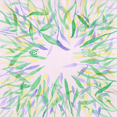 Floral frame. Colorful watercolor greeting card frame on a white background. Square foliage template. Blue, green, and yellow leaves illustration. Botanical print. Beautiful natural decoration.