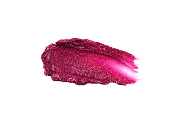 Glossy red lipstick smear isolated on white background. Swatch of lip gloss or liquid eye shadow for design.