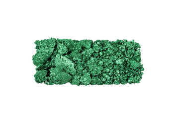 Green eye shadow swatch isolated on transparent background. Crushed shimmering green eye shadow texture.