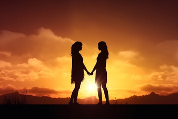 Fototapeta premium Relationship concept. Illustration of two lesbian females dark silhouettes holding hands in abstract sunset colored background. Generative AI