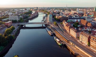 Bremen, Germany. Aerial View on Historical Center of Bremen, Marktplatz at Sunrise. - obrazy, fototapety, plakaty