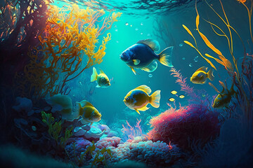 Naklejka na ściany i meble An underwater scene with a fish swimming in the water Generative AI