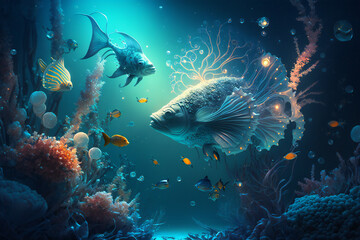 Naklejka na ściany i meble An underwater scene with a fish swimming in the water Generative AI