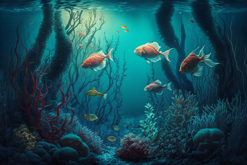 An underwater scene with a fish swimming in the water Generative AI