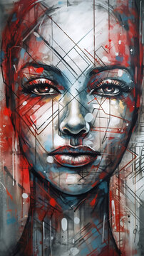 Artistic face with abstract geometric forms and geometric squares, in the style of graffiti - inspired portraiture light white and light red, realism with a touch of expressionism, generative ai