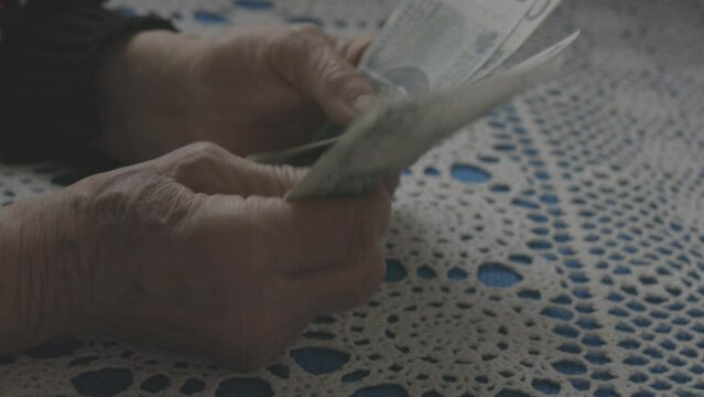 A Polish pensioner recalculates her pension. Poland money, 100 zloty banknotes, concept, financial problems of seniors, close up, log