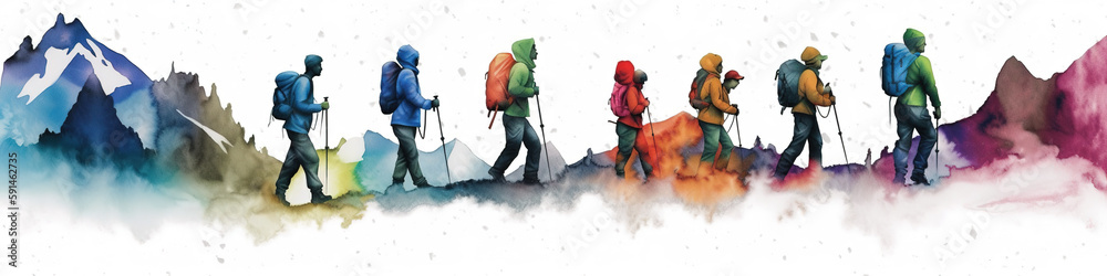 Wall mural Colorful hiking team with backpacks in nature, representing teamwork and success, isolated on a white background. AI generative.