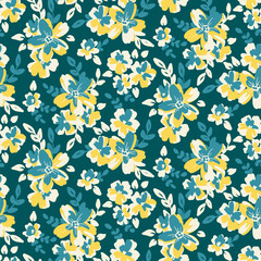 Seamless floral pattern, artistic ditsy print with vintage motif. Elegant botanical design for fabric, paper with hand drawn small blue-yellow flowers, leaves on a blue background. Vector illustration