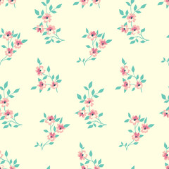 Seamless floral pattern, delicate flower print with a rustic motif. Cute botanical design, ornament from hand drawn branches with small flowers, leaves on a white background. Vector illustration.