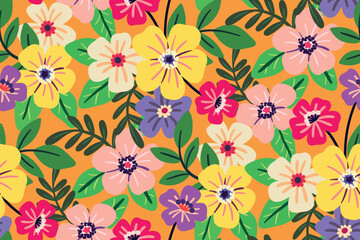 Seamless floral pattern, colorful ditsy print with summer meadow. Cute botanical design for fabric, paper with hand drawn small flowers, large leaves on a yellow background. Vector illustration.