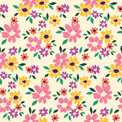 Seamless floral pattern, liberty ditsy print with pretty hand drawn daisies. Cute botanical surface design with a gentle meadow: small flowers, leaves on a white background. Vector illustration.