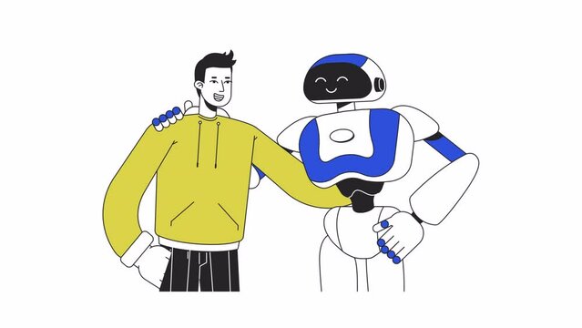 Human embracing robot animation. Animated android with guy 2D cartoon flat colour line characters. AI in daily life 4K video concept footage on white with alpha channel transparency for web design