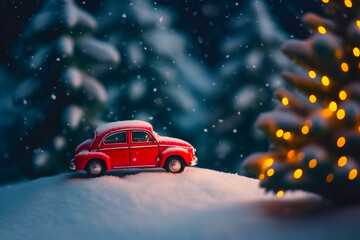 Fototapeta na wymiar Christmas card with little red car goes for the Christmas tree. Created with Generative AI technology.