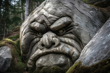 Fototapeta na wymiar Huge Norwegian troll pretends to be a rock and watches. Created with Generative AI technology.