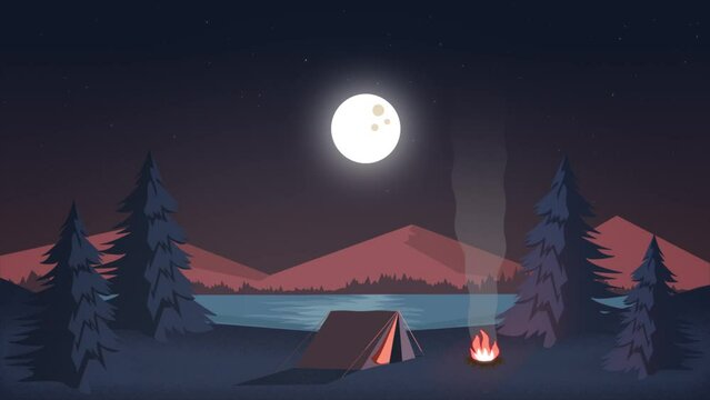 Sunrise, Sunset, Mountain Lakeside camping Landscape, Seamless Loop 2D Animation