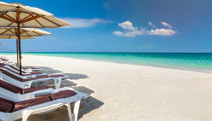 lounge chairs on the beach,Beautiful beach banner. White sand, chairs and umbrella travel tourism wide panorama background concept .Amazing beach landscape