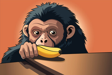 A monkey is stealing a banana.