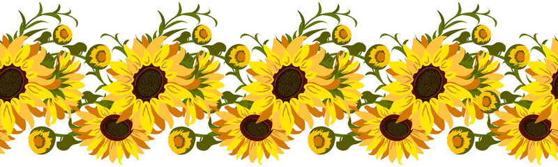 Sunflower Border. Vector horizontal seamless border with yellow sunflowers and green leaves.