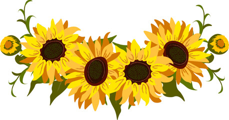Vector floral composition with sunflowers, leaves, foliage, branches, fern leaves and place for your text.