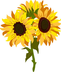 Vector floral composition with sunflowers, leaves, foliage, branches, fern leaves and place for your text.