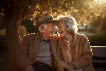 happy senior couple sitting on a bench. generative ai