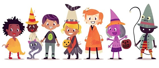 Set of colorful kids in Halloween costumes