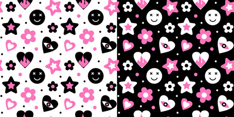 Set of seamless Emo Pattern. Vector illustration. Gothic romantic background with pink and black hearts, stars, eyes and flowers. Old style of the 90s and 00s.
