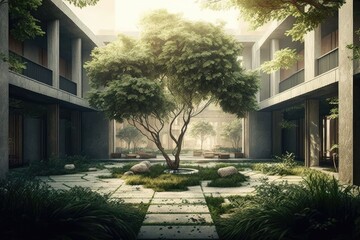 serene courtyard with a tree as the centerpiece. Generative AI