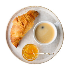 Cup of coffee, croissant and orange jam on white round plate isolated on white background. Top view.