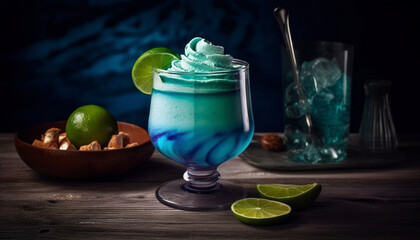 Tropical Alcoholic Blue Cocktail, Coconut Gin and Tonic, can also be a children's cocktail with whipped cream. Created with AI.