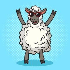 Happy dancing sheep pinup pop art retro vector illustration. Comic book style imitation.