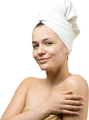 Young beautiful girl in a white towel on his head wears collagen gel patches under her eyes. Mask under eyes treatment face.