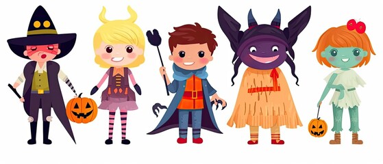 Set of colorful kids in Halloween costumes