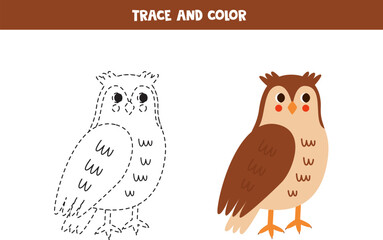 Obraz premium Trace and color cartoon cute owl. Worksheet for children.