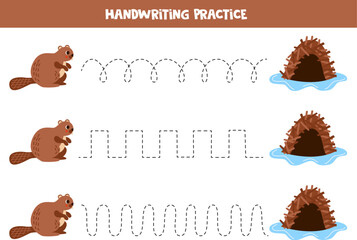Tracing lines for kids. Cartoon beaver and his hut.