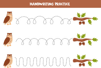 Tracing lines for kids. Cartoon owl and oak branch.