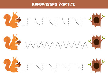 Tracing lines for kids. Cartoon cute squirrel and hollow. © Milya Shaykh