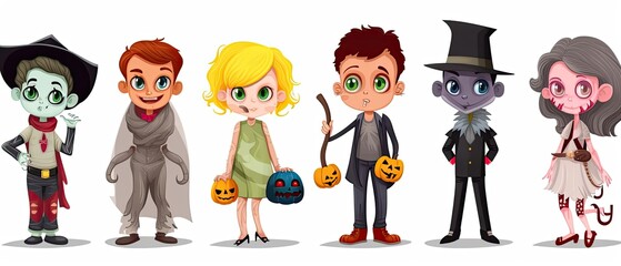 Set of colorful kids in Halloween costumes