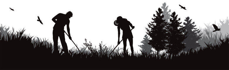 Vector silhouette of gardener working in garden.