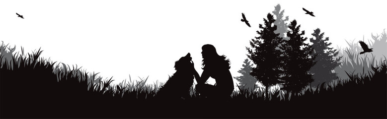 Vector silhouette of happy woman with her dogs in nature.