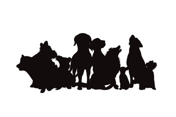 Vector silhouette of group of dogs on white background.