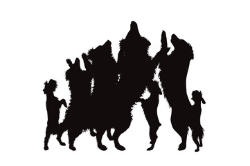Vector silhouette of group happy dogs on white background.