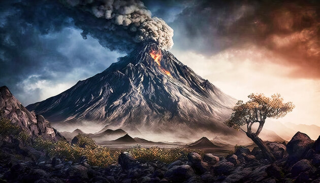 An ancient volcano in a parched landscape with an acacia tree emits large clouds of smoke and ash, made with generative ai